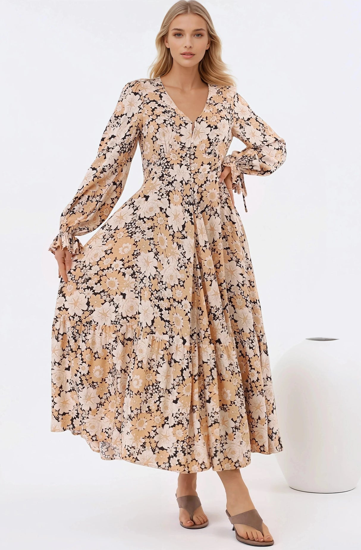Abbia Maxi Dress - A Line Deep V Neck Long Sleeve Dress in Lyanna Print