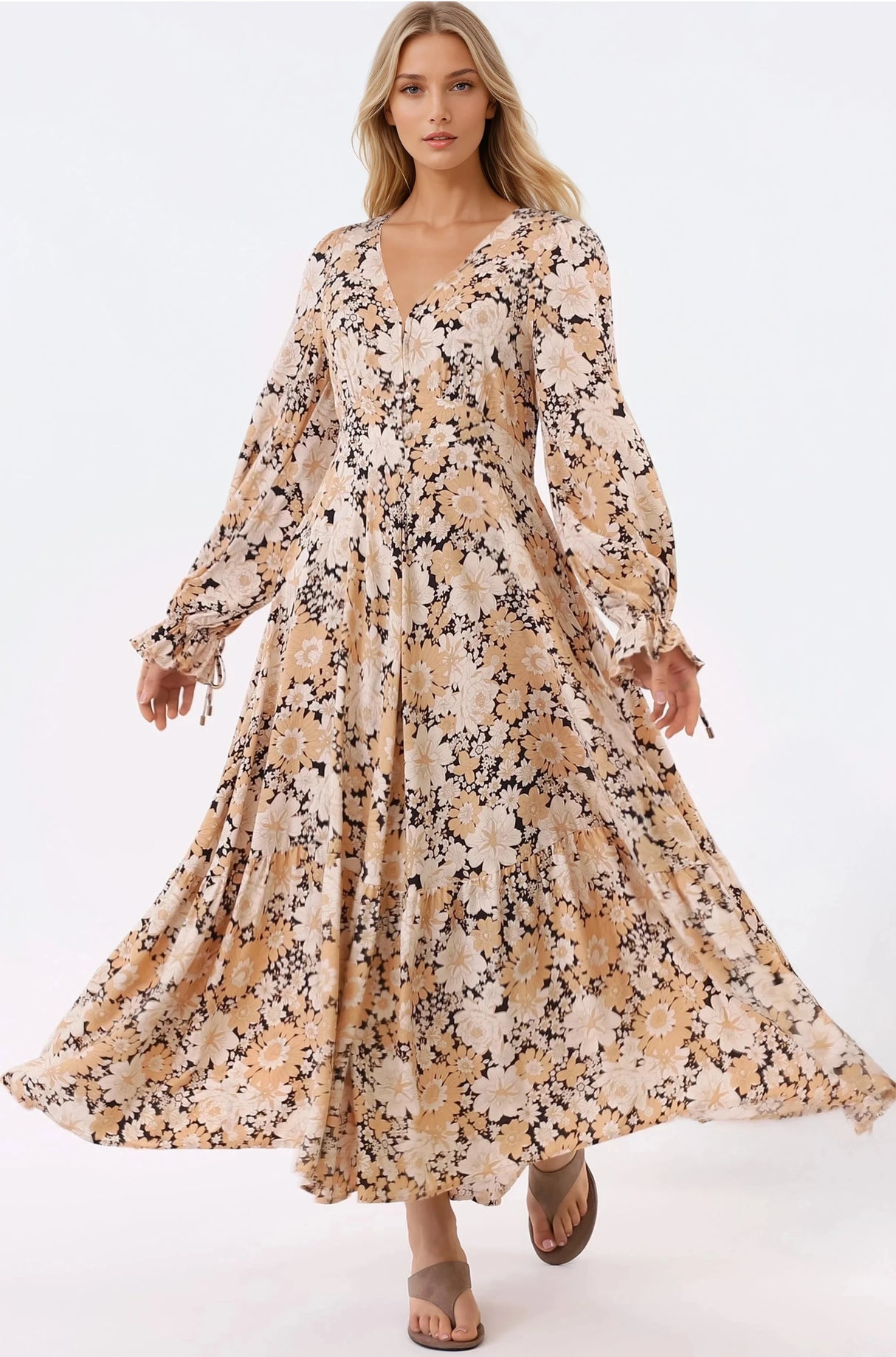 Abbia Maxi Dress - A Line Deep V Neck Long Sleeve Dress in Lyanna Print