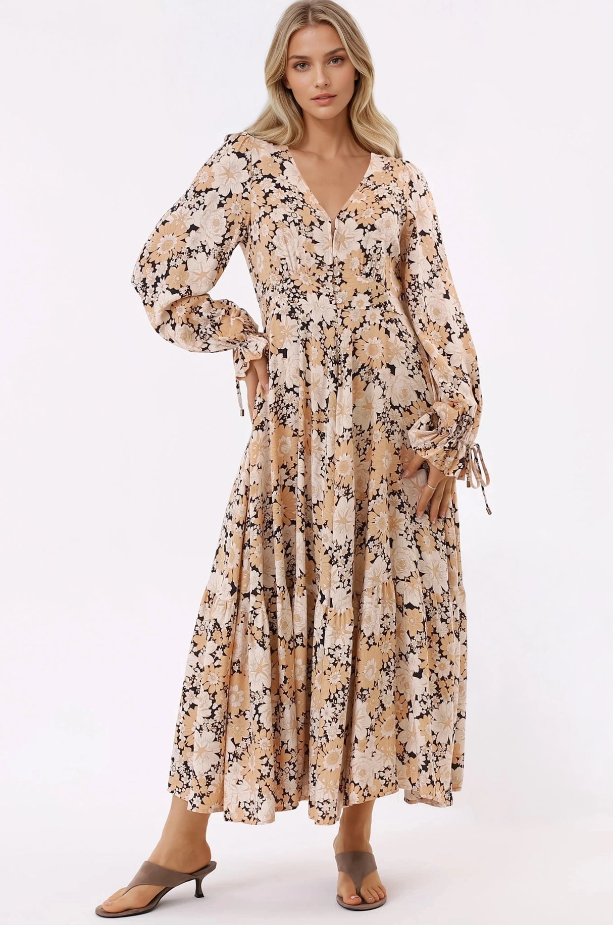 Abbia Maxi Dress - A Line Deep V Neck Long Sleeve Dress in Lyanna Print