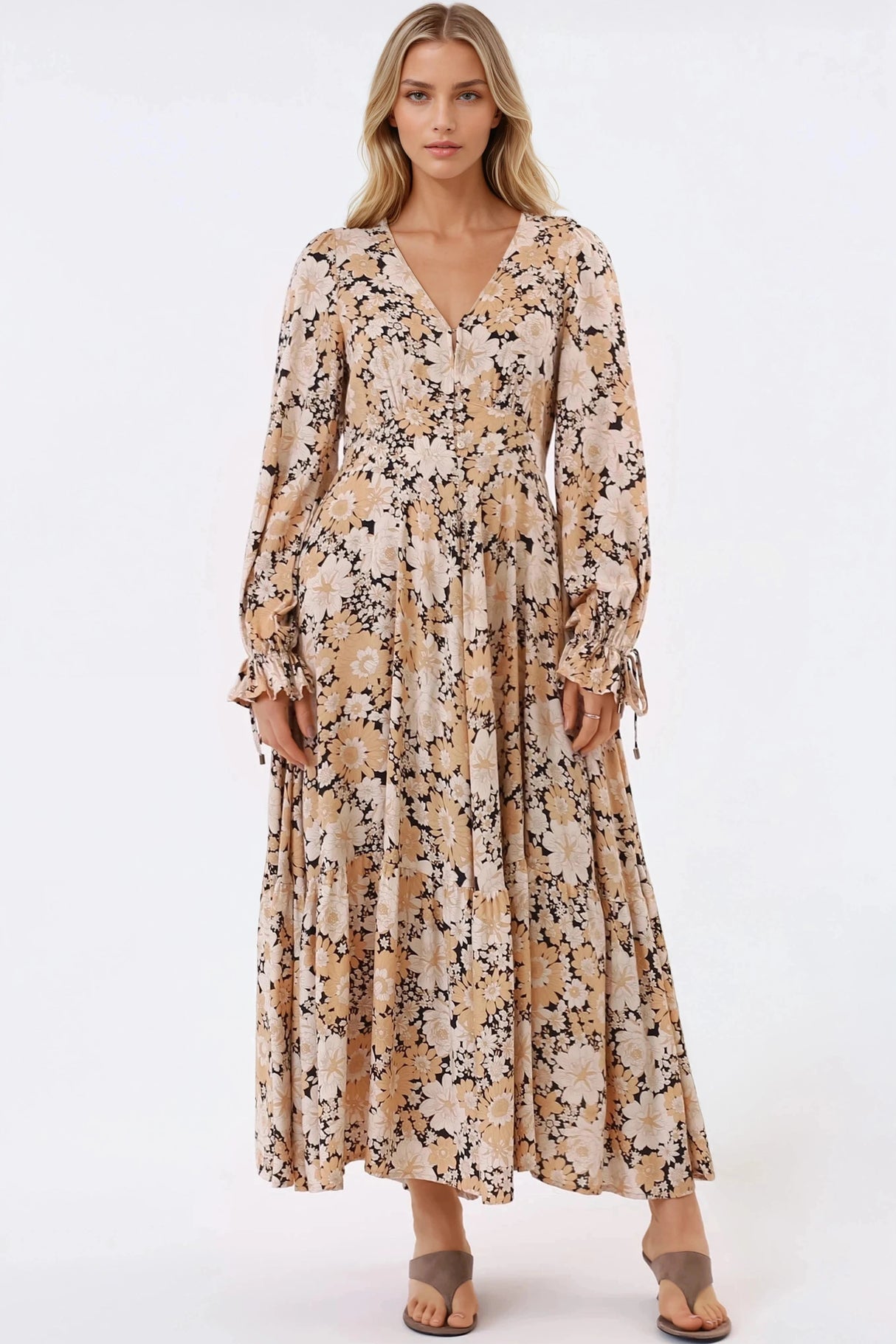 Abbia Maxi Dress - A Line Deep V Neck Long Sleeve Dress in Lyanna Print
