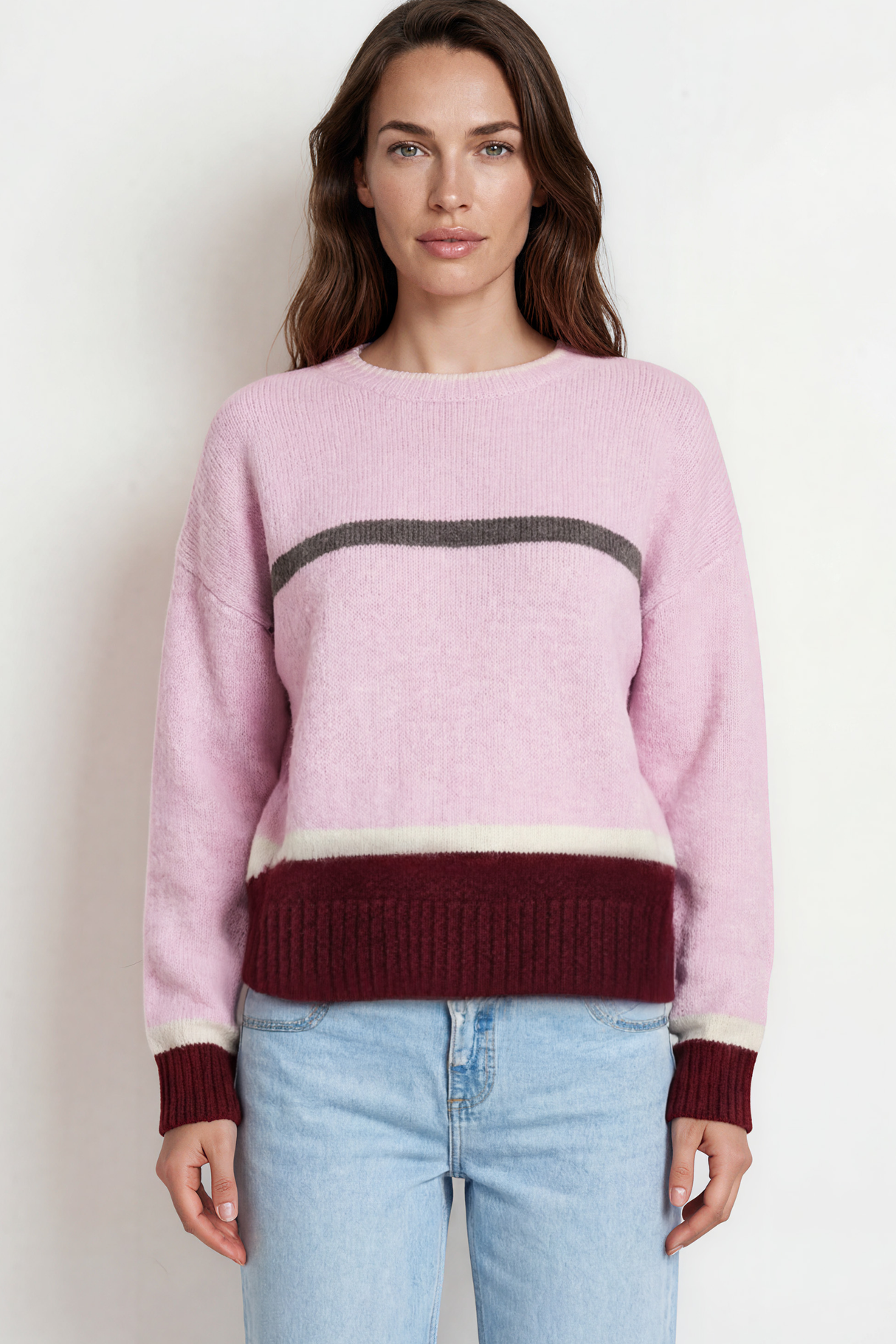 Model wearing Abbot Jumper in Pink from Salty Crush