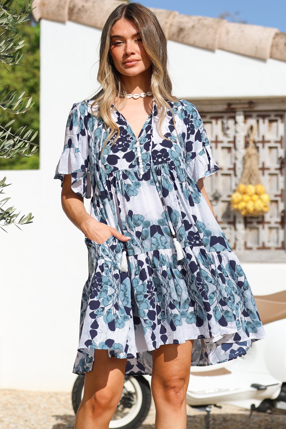 Abilia Mini Dress - Mandarin Collar Smock Dress in Calea Print Blue