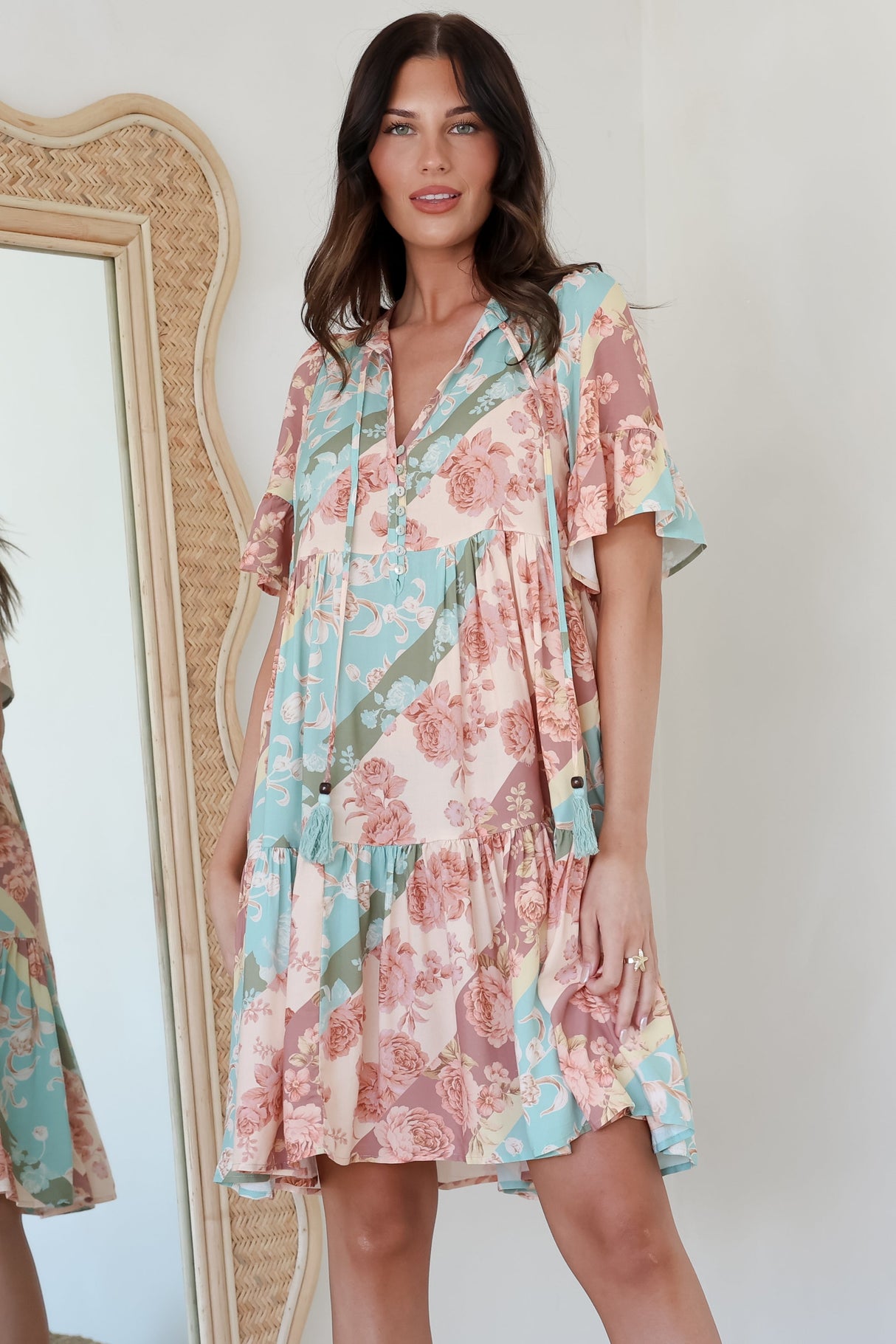 Abilia Mini Dress - Mandarin Collar Smock Dress in Clavelle Print