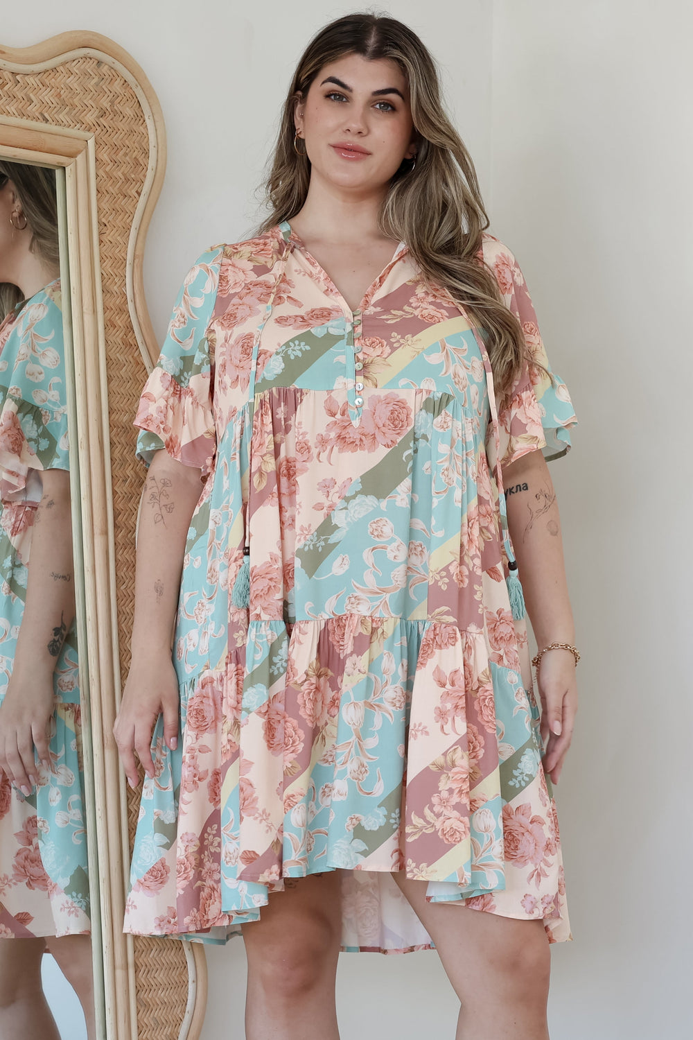 Abilia Mini Dress - Mandarin Collar Smock Dress in Clavelle Print