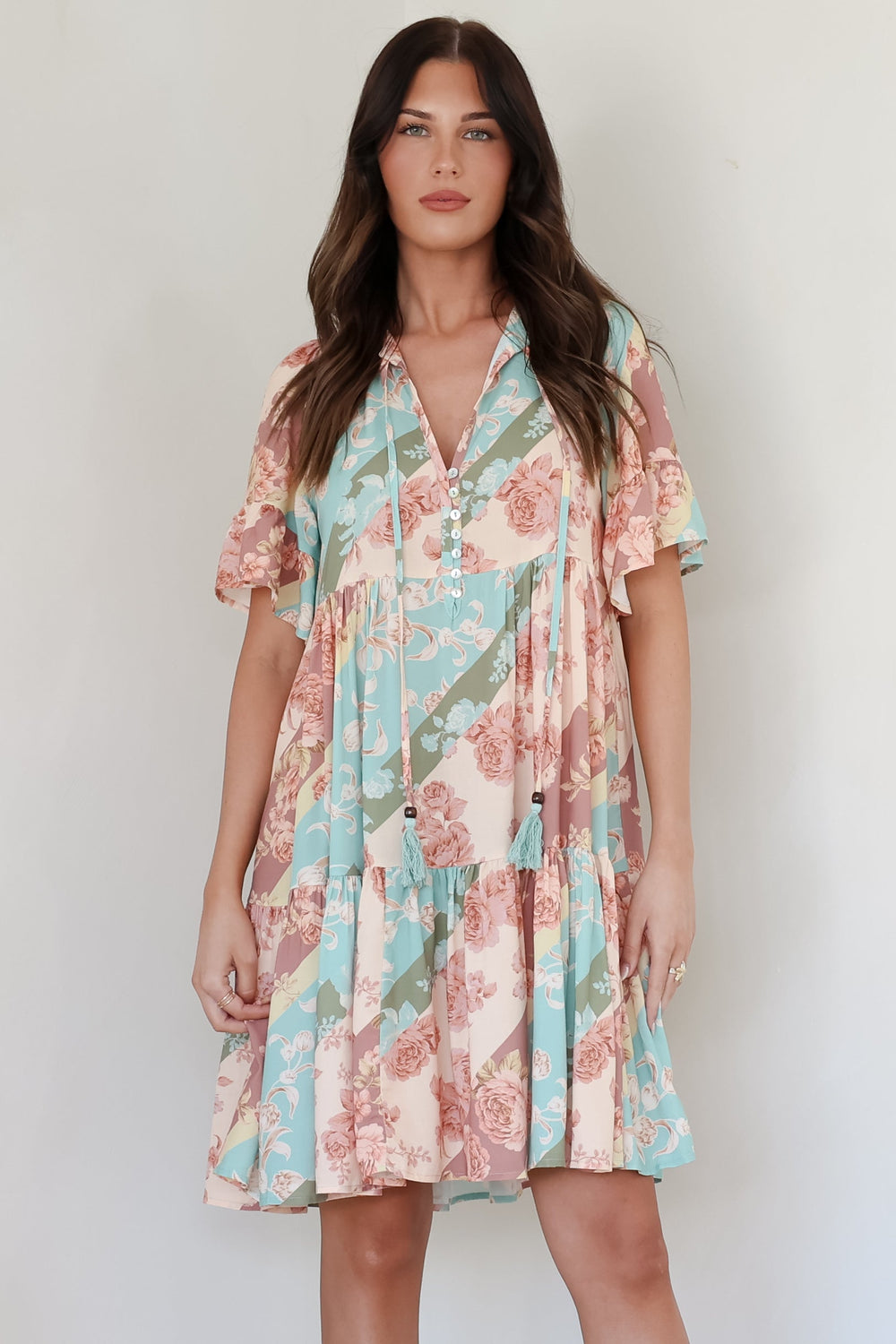Abilia Mini Dress - Mandarin Collar Smock Dress in Clavelle Print