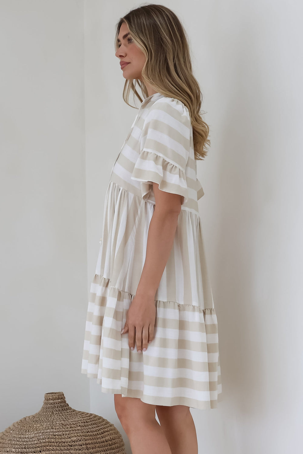 Abilia Mini Dress - Mandarin Collar Smock Dress in Gaubi Print Beige