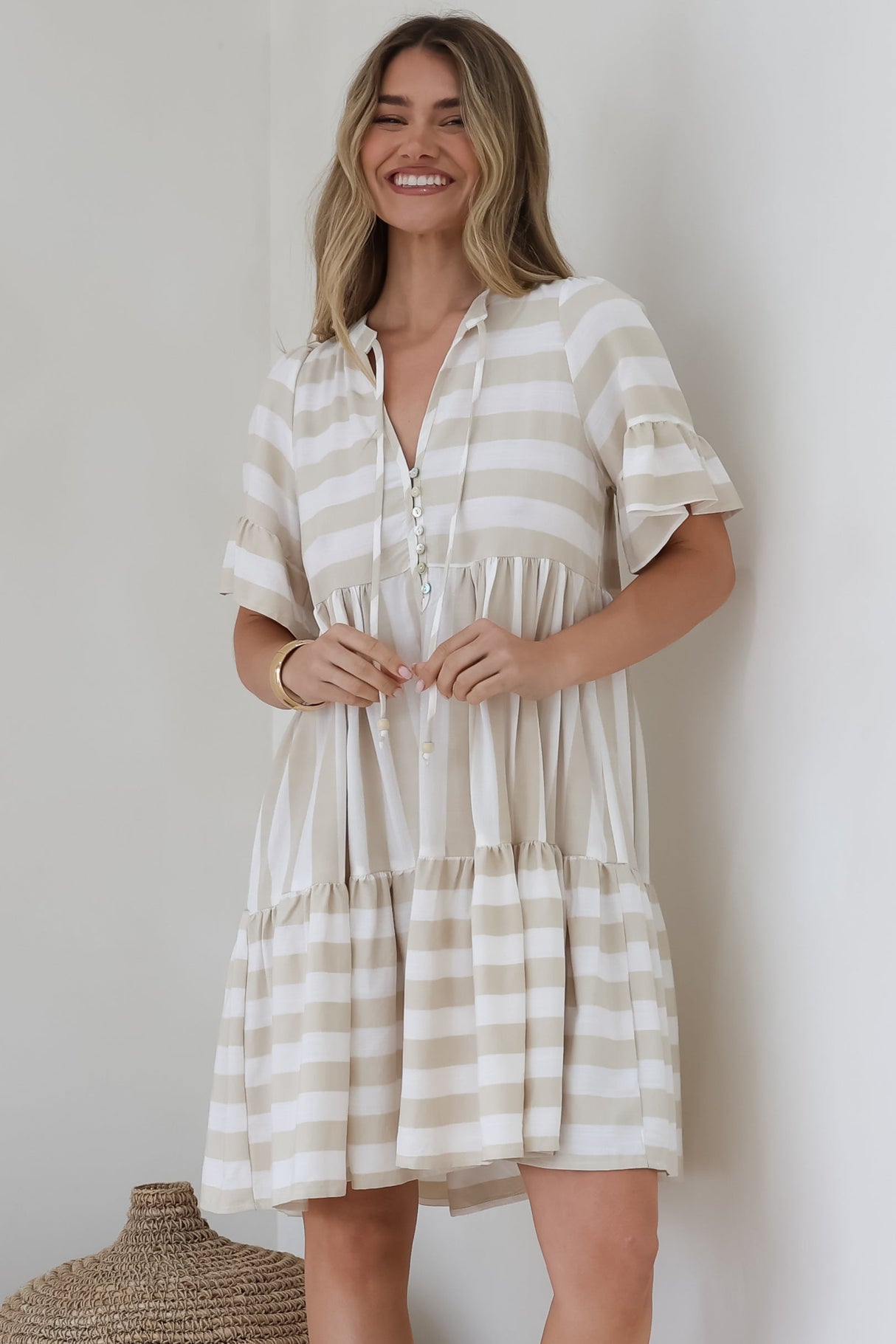 Abilia Mini Dress - Mandarin Collar Smock Dress in Gaubi Print Beige