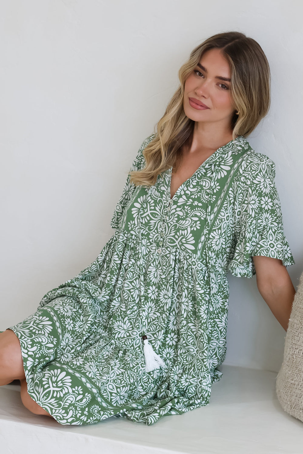 Abilia Mini Dress - Mandarin Collar Smock Dress in Harley Print Green