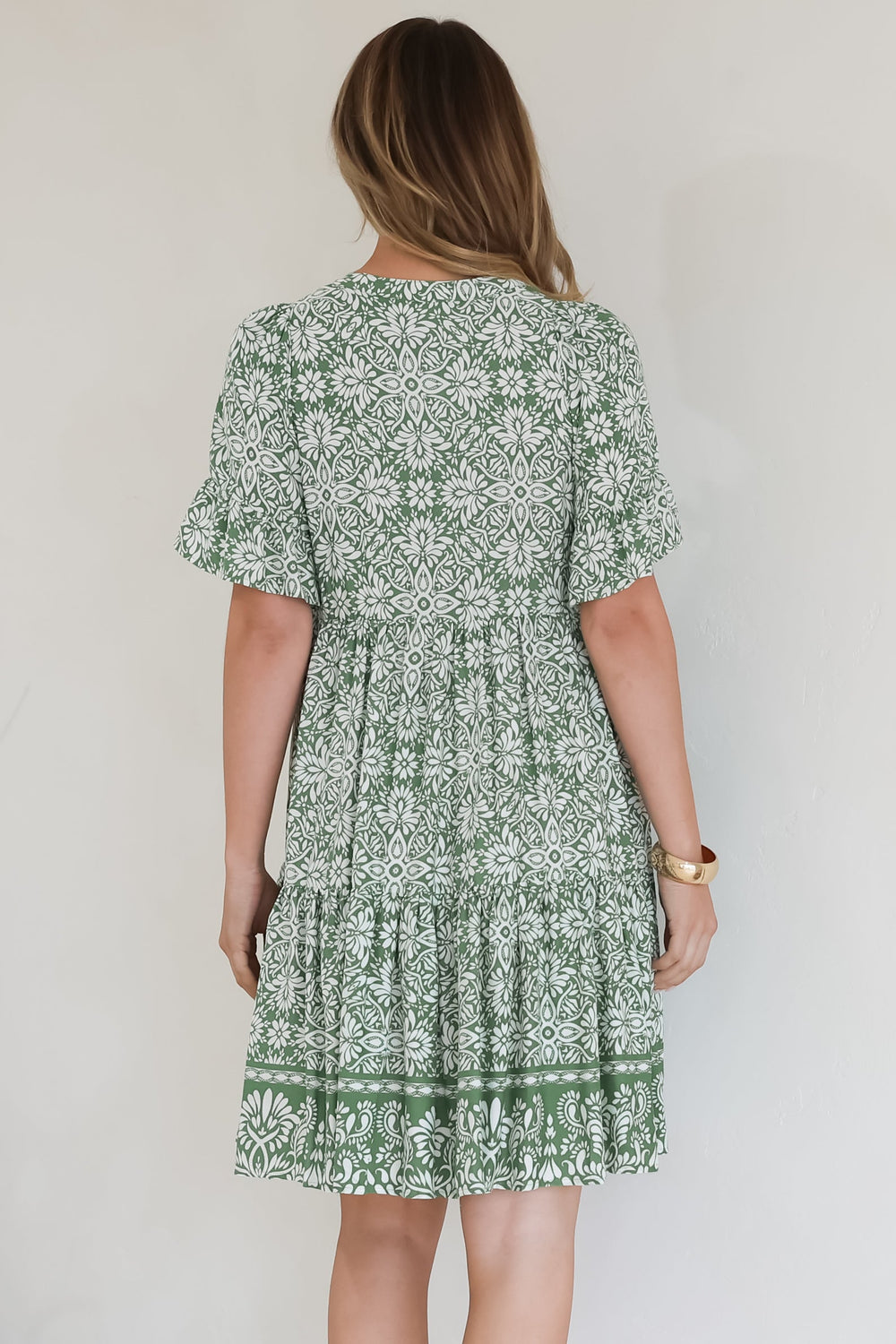 Abilia Mini Dress - Mandarin Collar Smock Dress in Harley Print Green