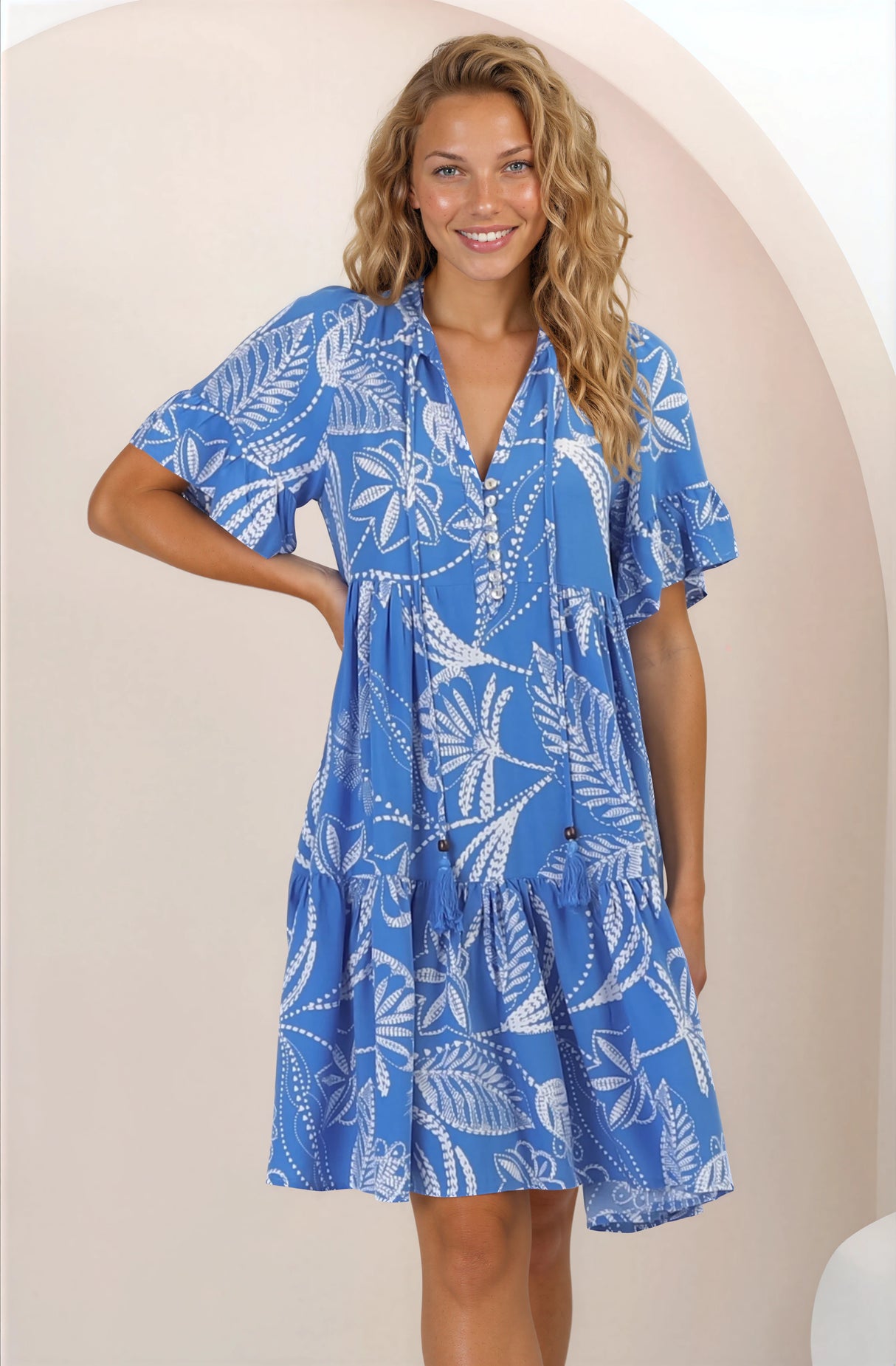 Abilia Mini Dress - Mandarin Collar Buttoned Bodice Smock Dress in Havanna Print in Blue