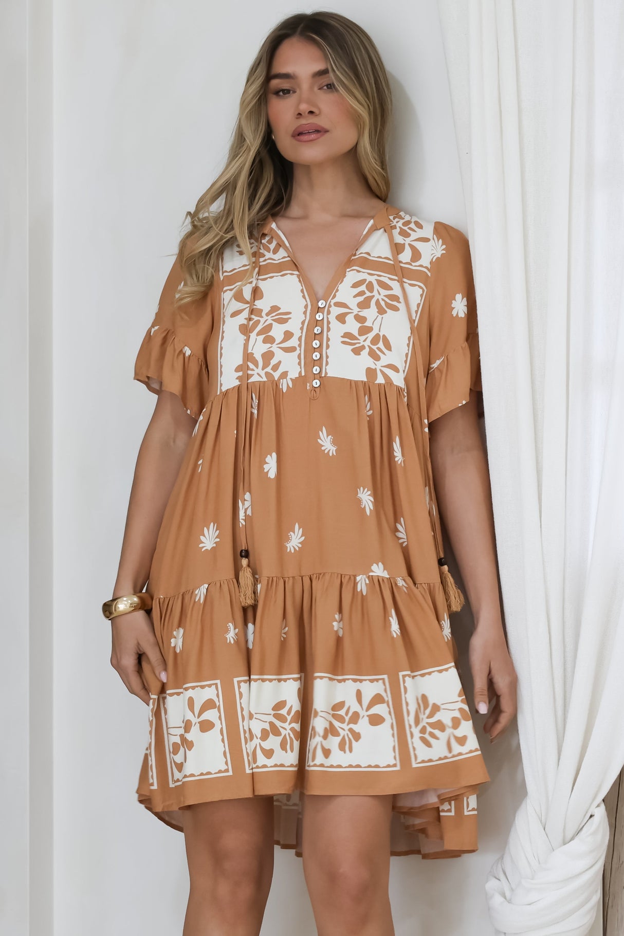 Abilia Mini Dress - Mandarin Collar Smock Dress in Lucinda Print Tan