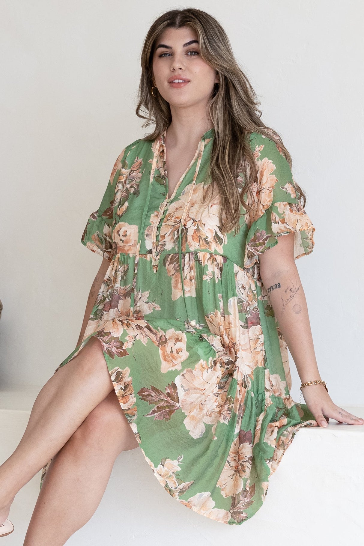 Abilia Mini Dress - Mandarin Collar Smock Dress in Kirah Print Green