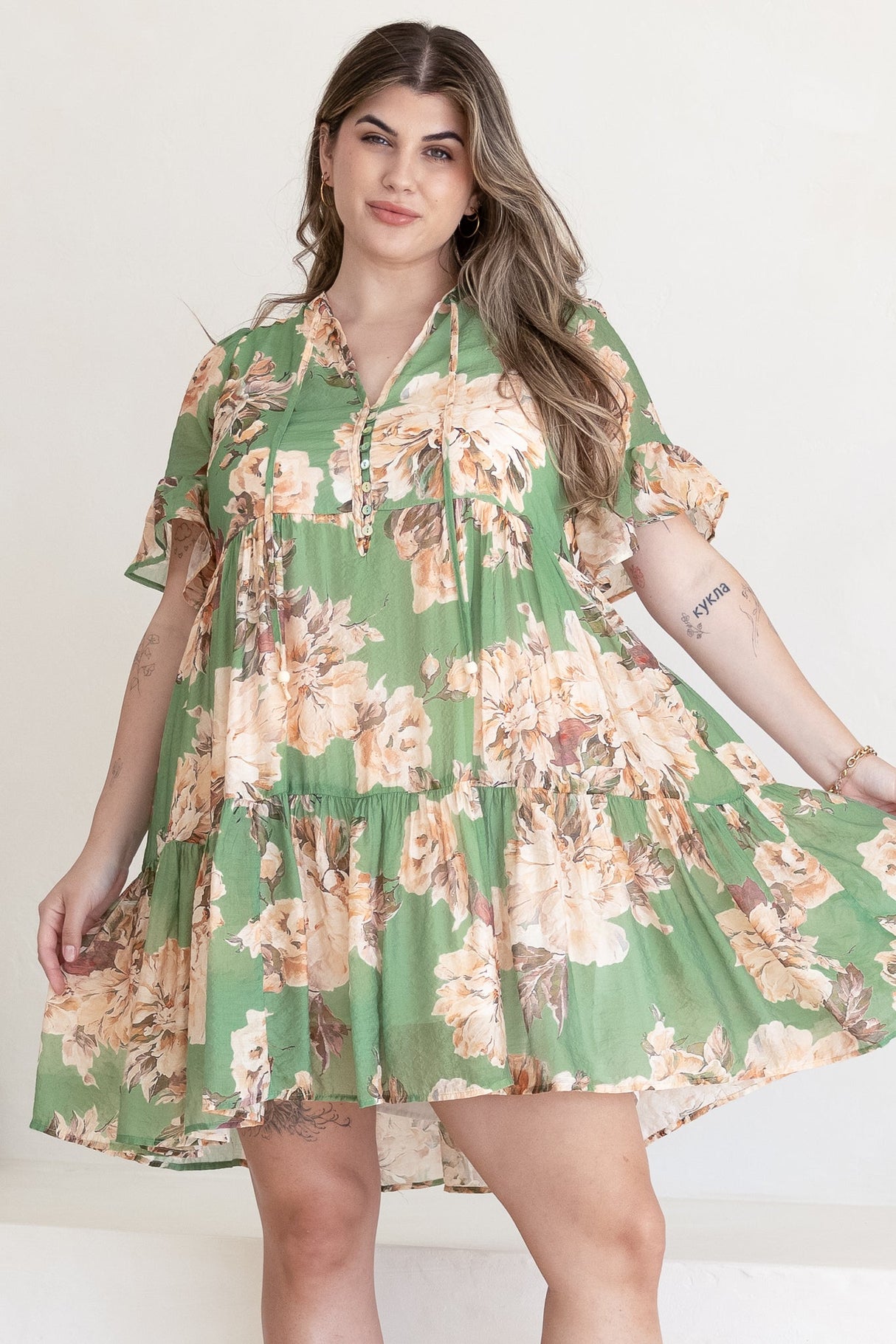 Abilia Mini Dress - Mandarin Collar Smock Dress in Kirah Print Green