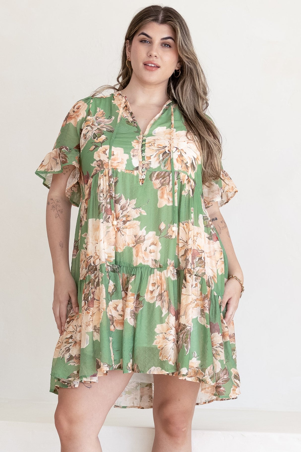Abilia Mini Dress - Mandarin Collar Smock Dress in Kirah Print Green
