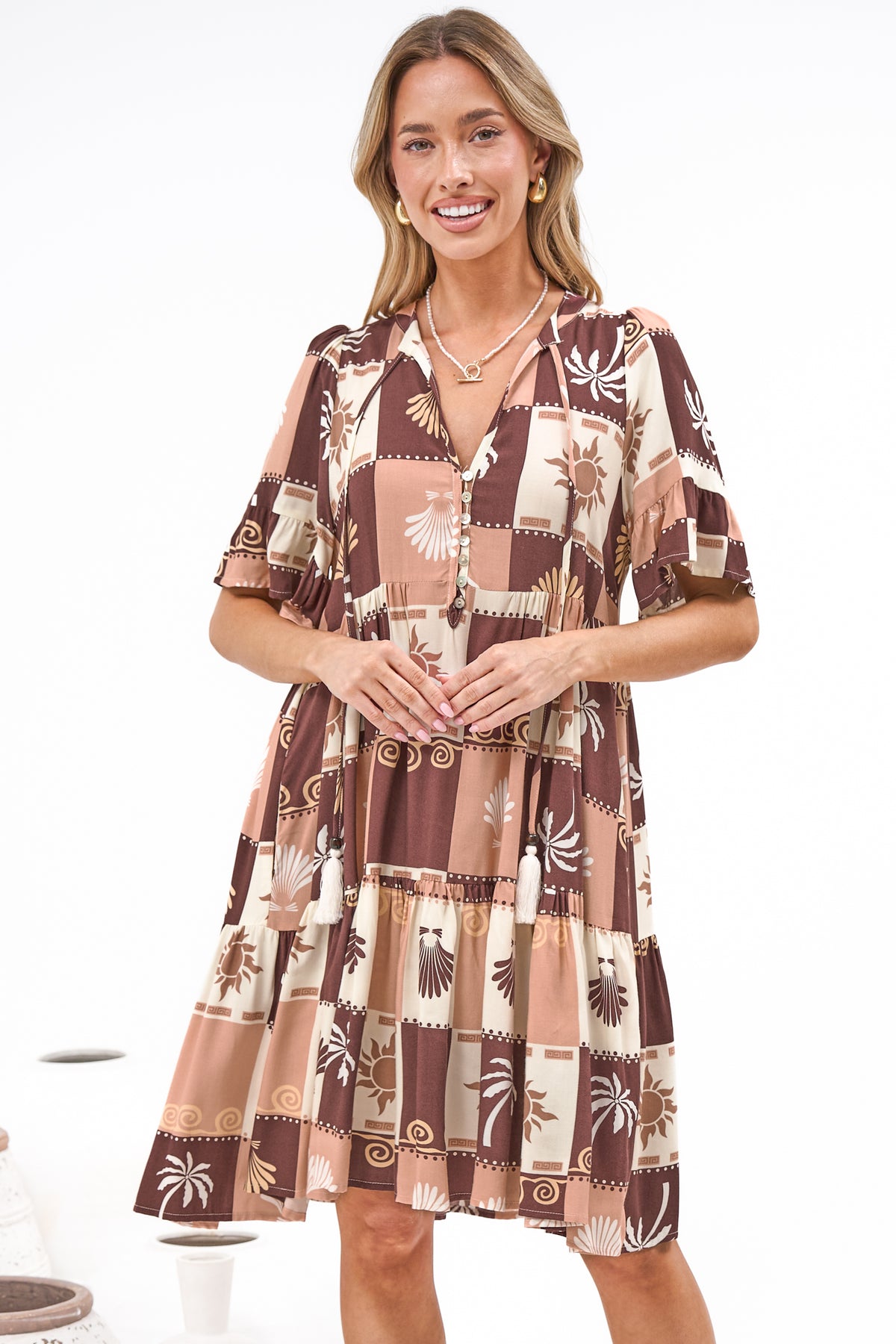 Abilia Mini Dress - Mandarin Collar Smock Dress in Serena Print Tan