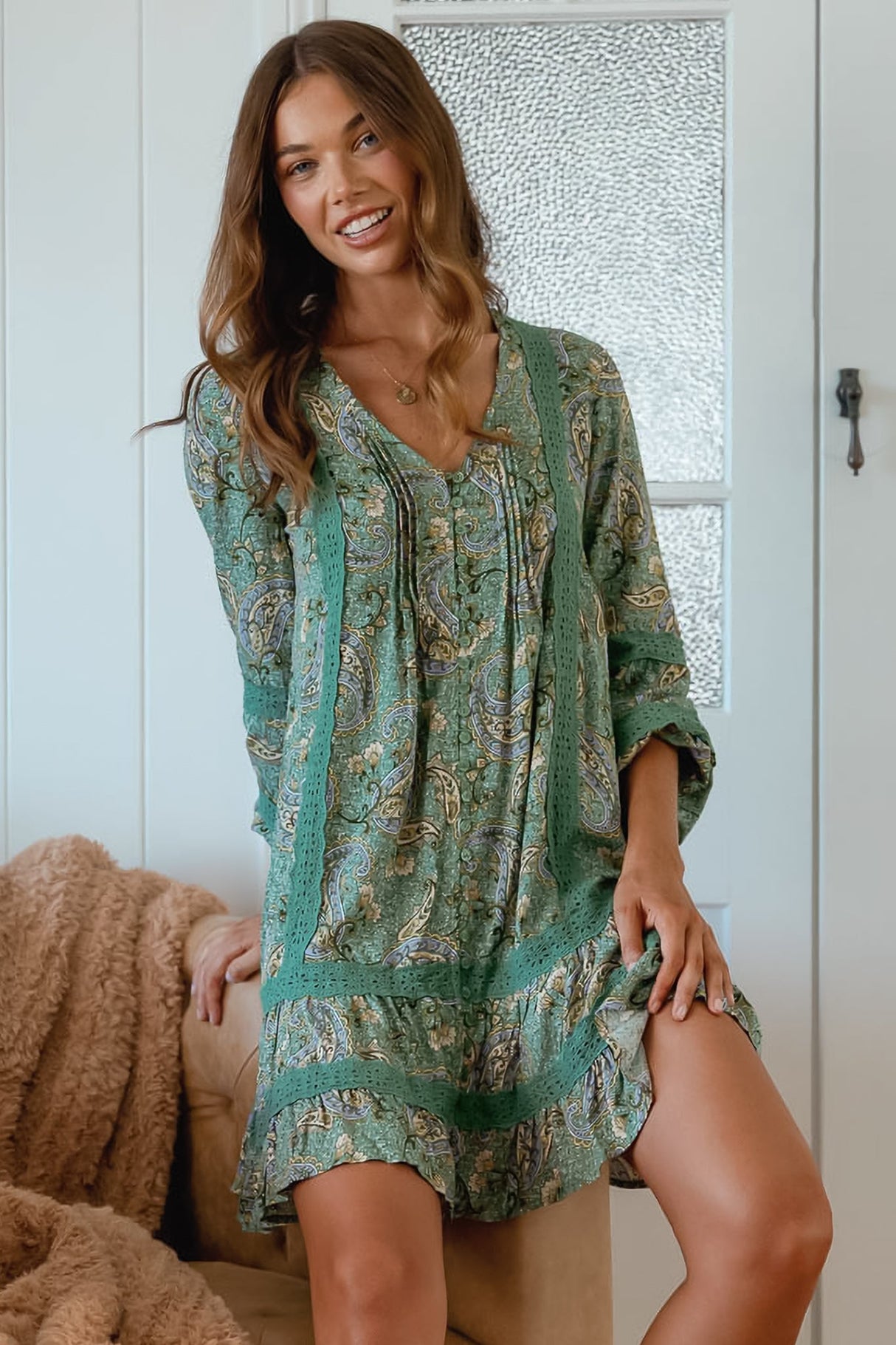 JAASE - Abio Mini Dress: V-Neck Lace Detailed Button Down with Long Sleeves in Sagewood Print