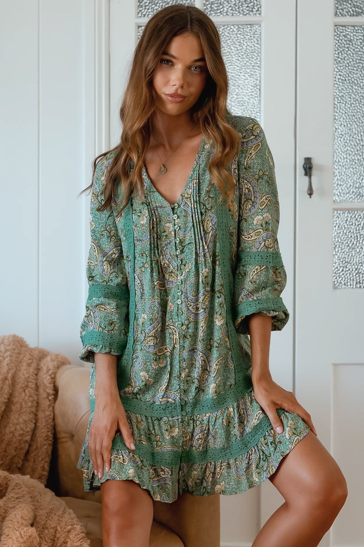 JAASE - Abio Mini Dress: V-Neck Lace Detailed Button Down with Long Sleeves in Sagewood Print