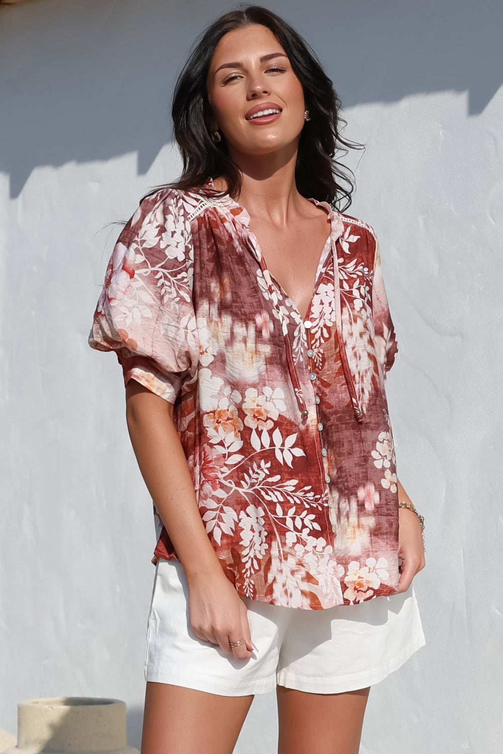 Acacia Blouse - Button Down Short Balloon Sleeve Shirt with Buttoned Cuffs in Ashara Print