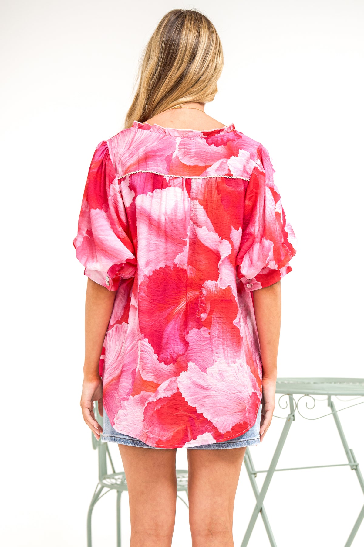Acacia Blouse - Button Down Short Balloon Sleeve Shirt with Buttoned Cuffs in Greta Print