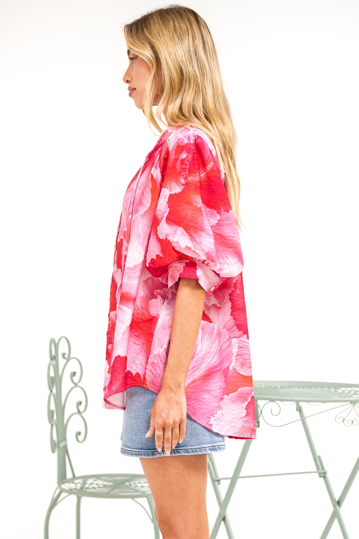 Acacia Blouse - Button Down Short Balloon Sleeve Shirt with Buttoned Cuffs in Greta Print