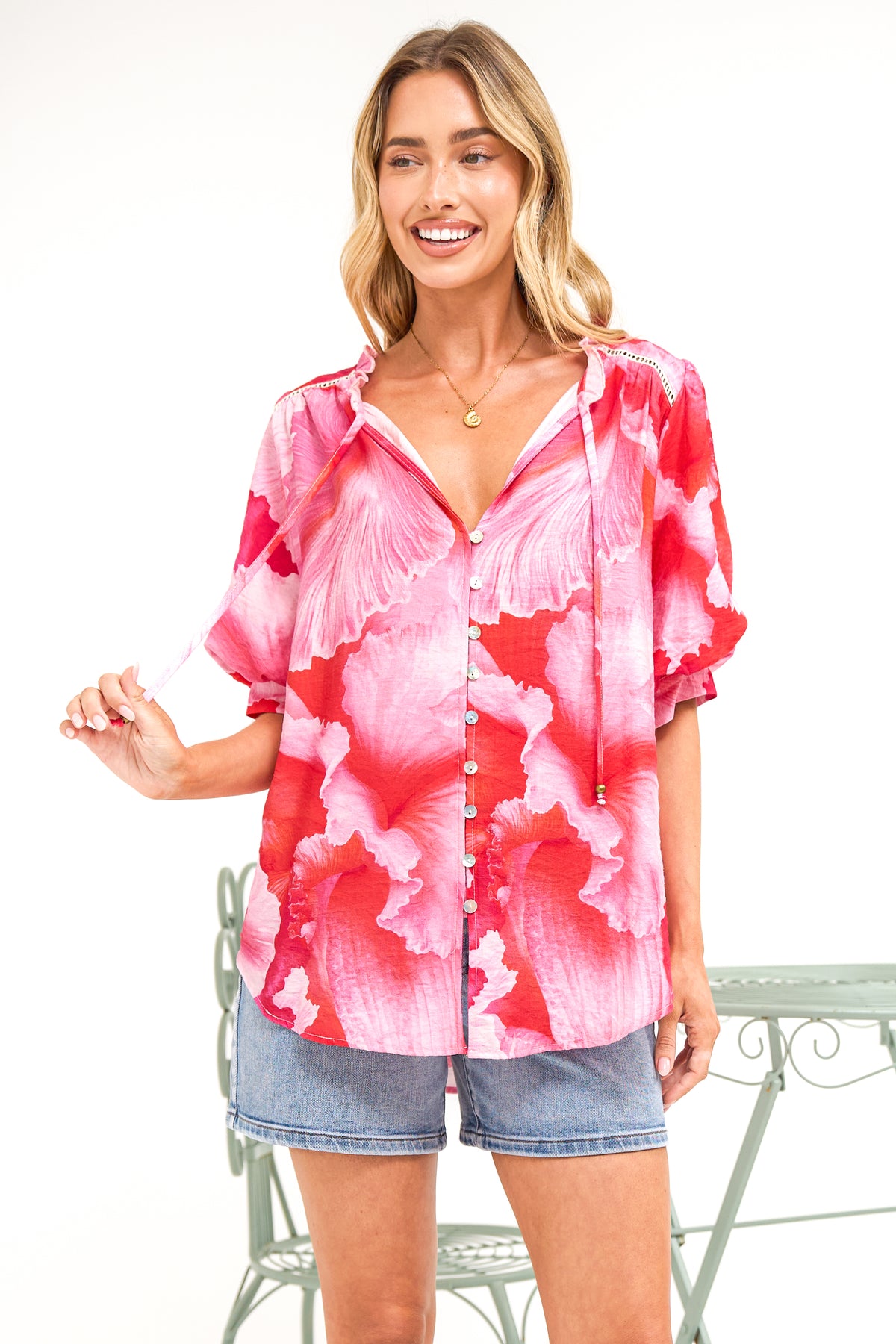 Acacia Blouse - Button Down Short Balloon Sleeve Shirt with Buttoned Cuffs in Greta Print