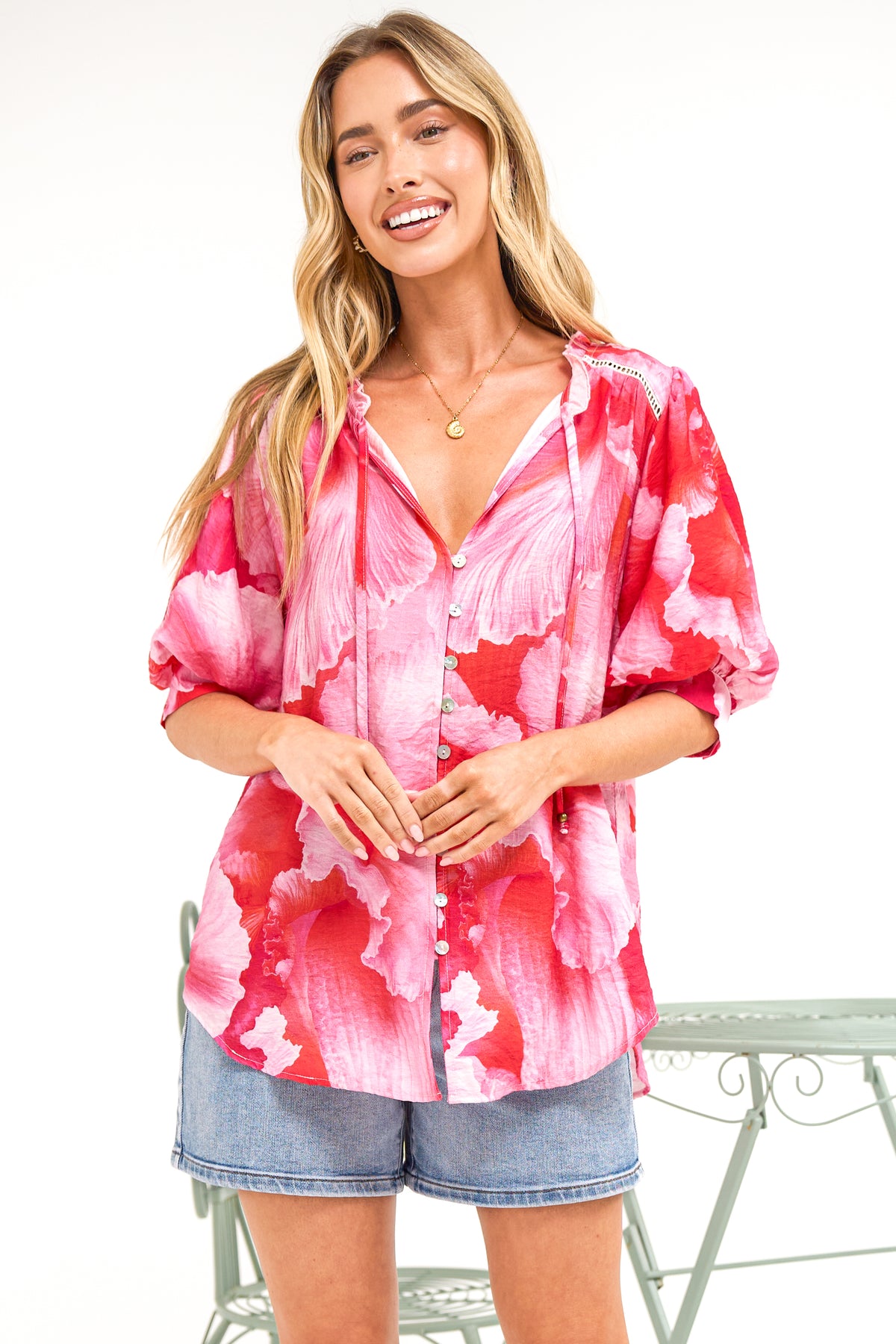 Acacia Blouse - Button Down Short Balloon Sleeve Shirt with Buttoned Cuffs in Greta Print