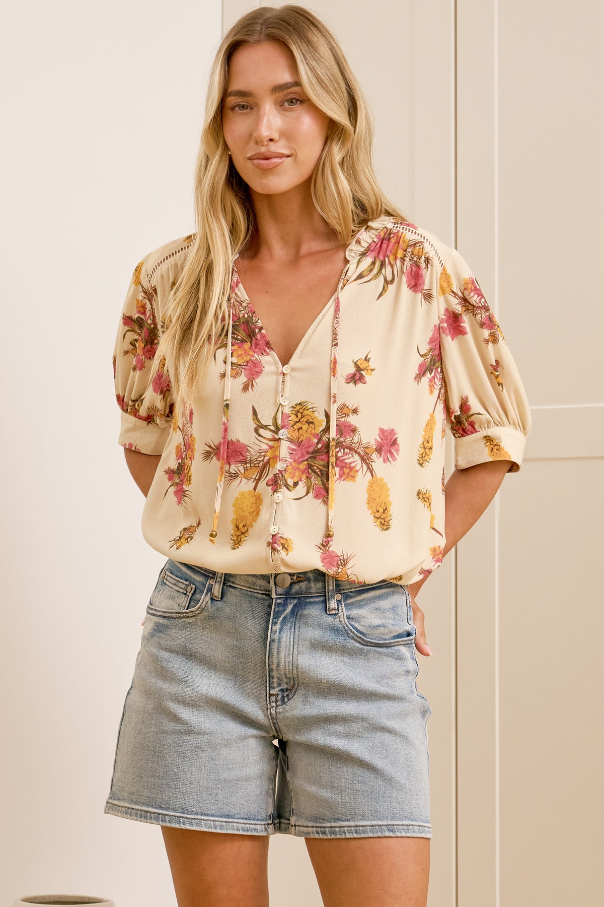 Acacia Blouse - Button Down Short Balloon Sleeve Shirt with Buttoned Cuffs in Mirjana Print Cream