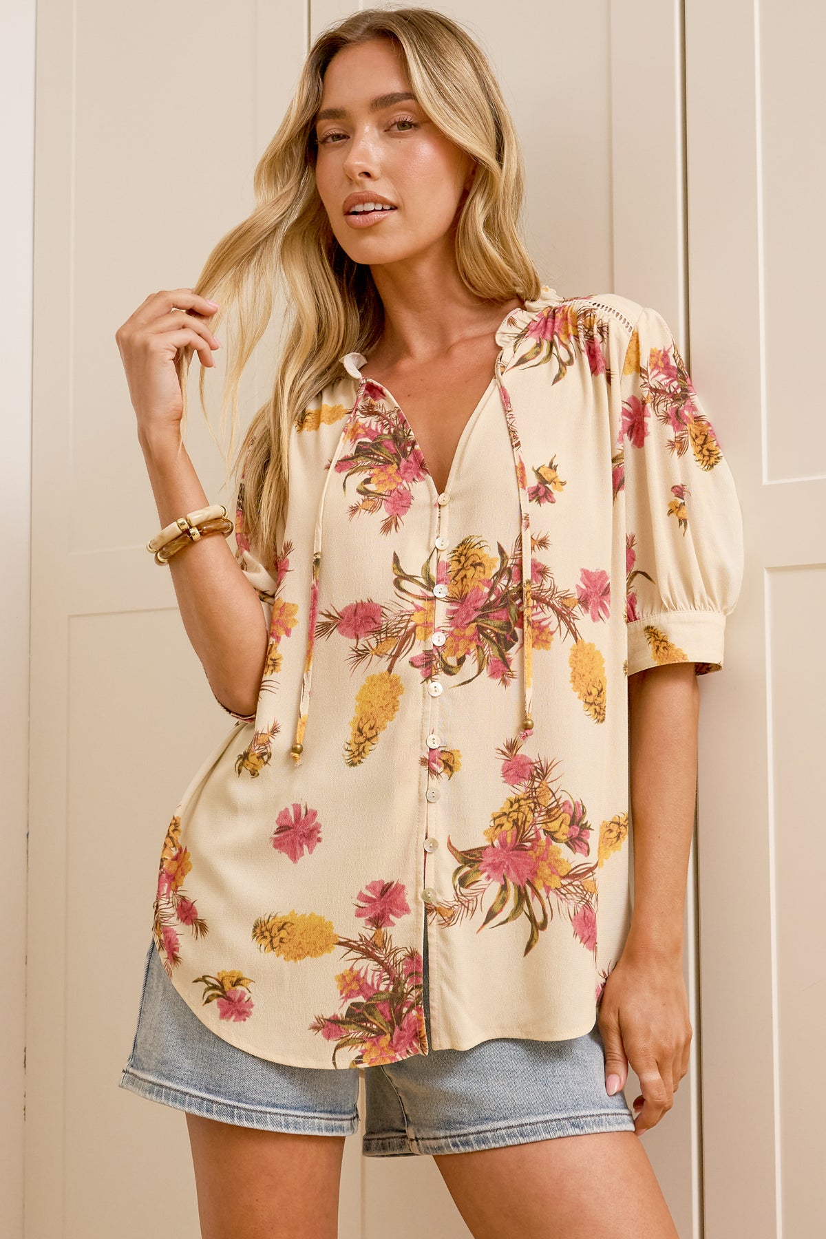 Acacia Blouse - Button Down Short Balloon Sleeve Shirt with Buttoned Cuffs in Mirjana Print Cream