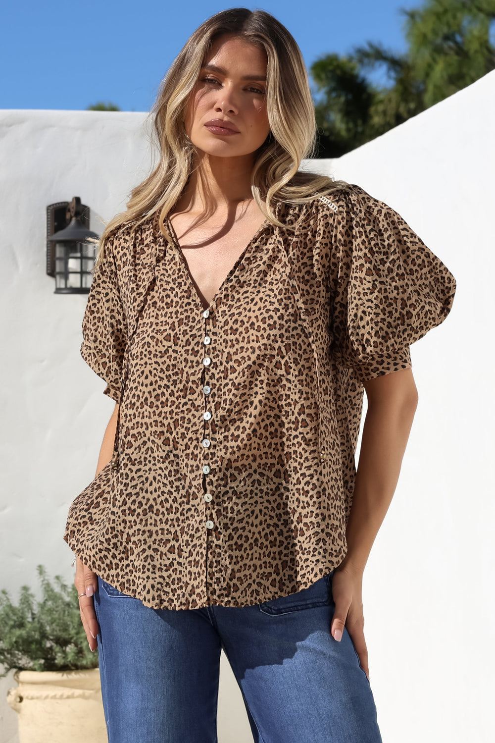 Acacia Blouse - Button Down Short Balloon Sleeve Shirt with Buttoned Cuffs in Wyatt Print