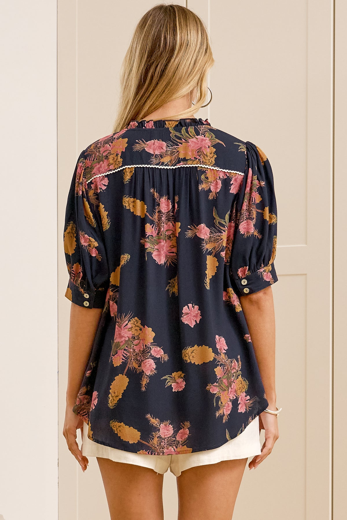Acacia Blouse - Button Down Short Balloon Sleeve Shirt with Buttoned Cuffs in Mirjana Print Navy