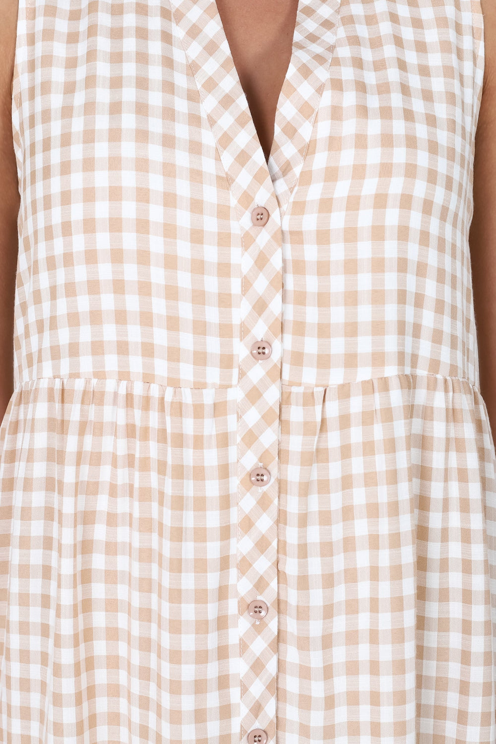 Acelle Midi Dress - Sleeveless Bermuda Collar Button Down Gingham Dress in Beige