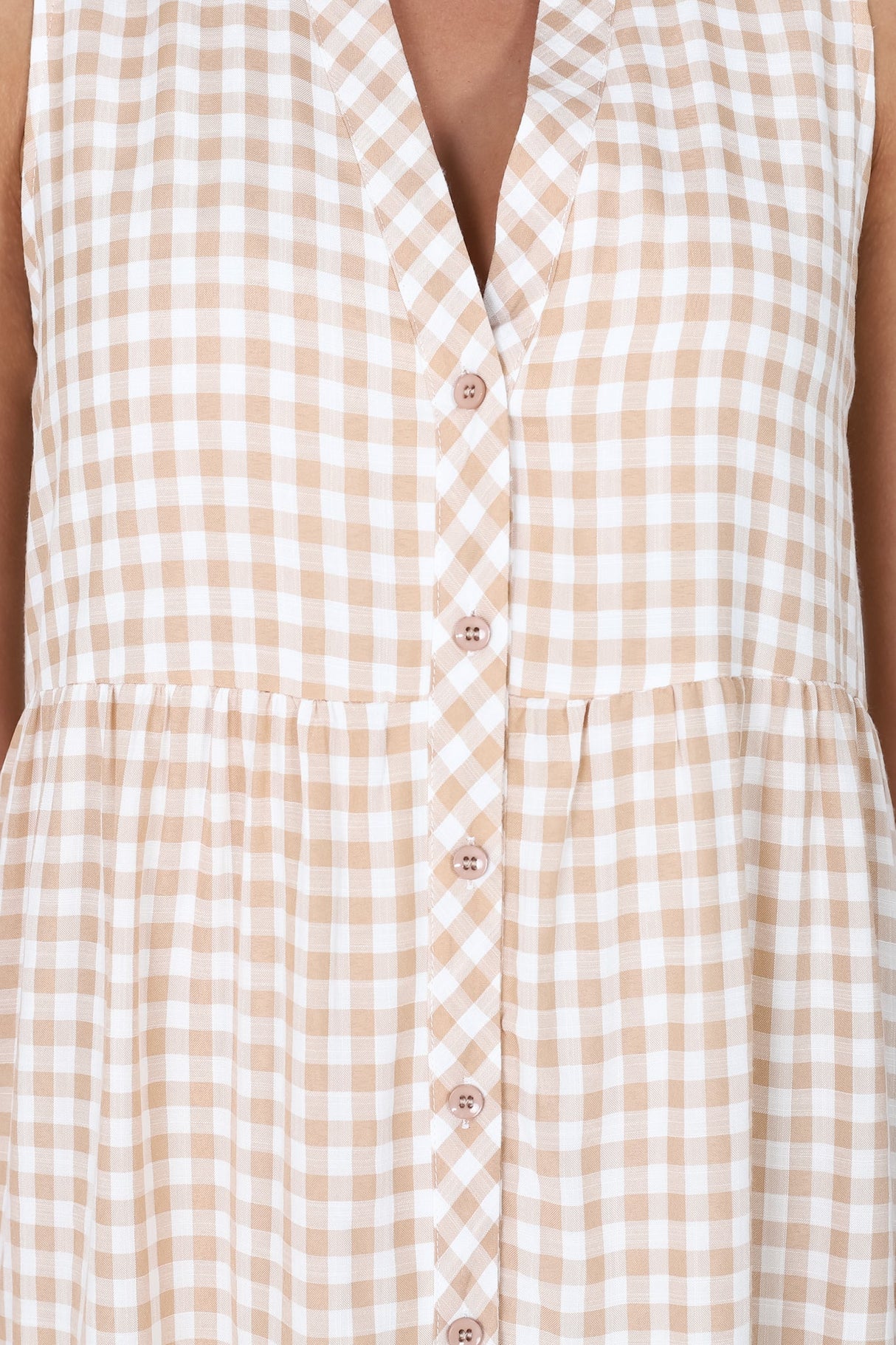 Acelle Midi Dress - Sleeveless Bermuda Collar Button Down Gingham Dress in Beige