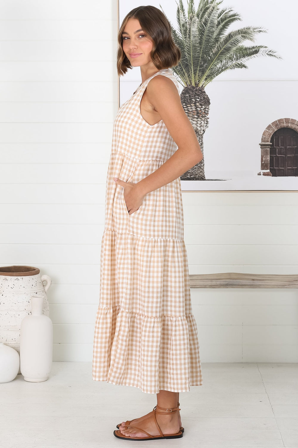 Acelle Midi Dress - Sleeveless Bermuda Collar Button Down Gingham Dress in Beige