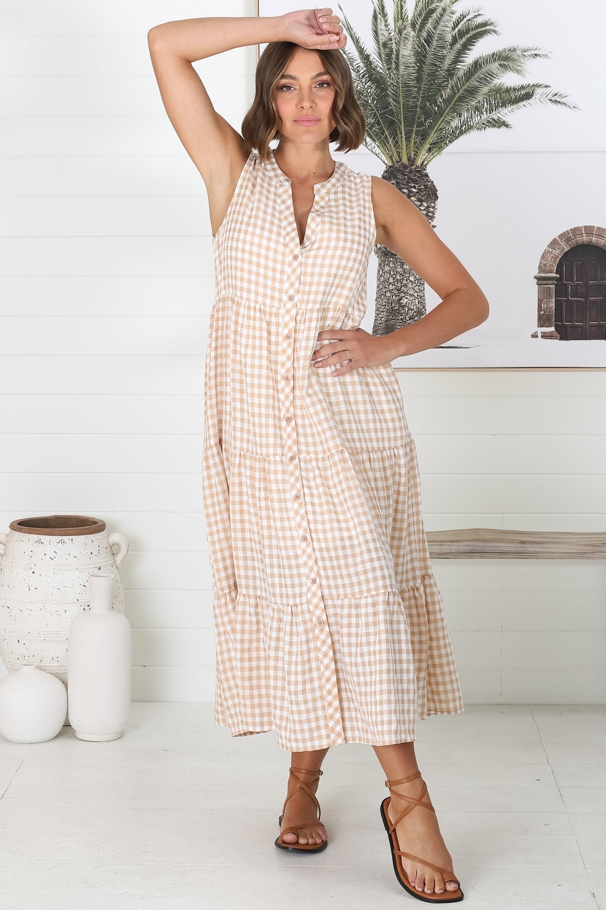 Acelle Midi Dress - Sleeveless Bermuda Collar Button Down Gingham Dress in Beige