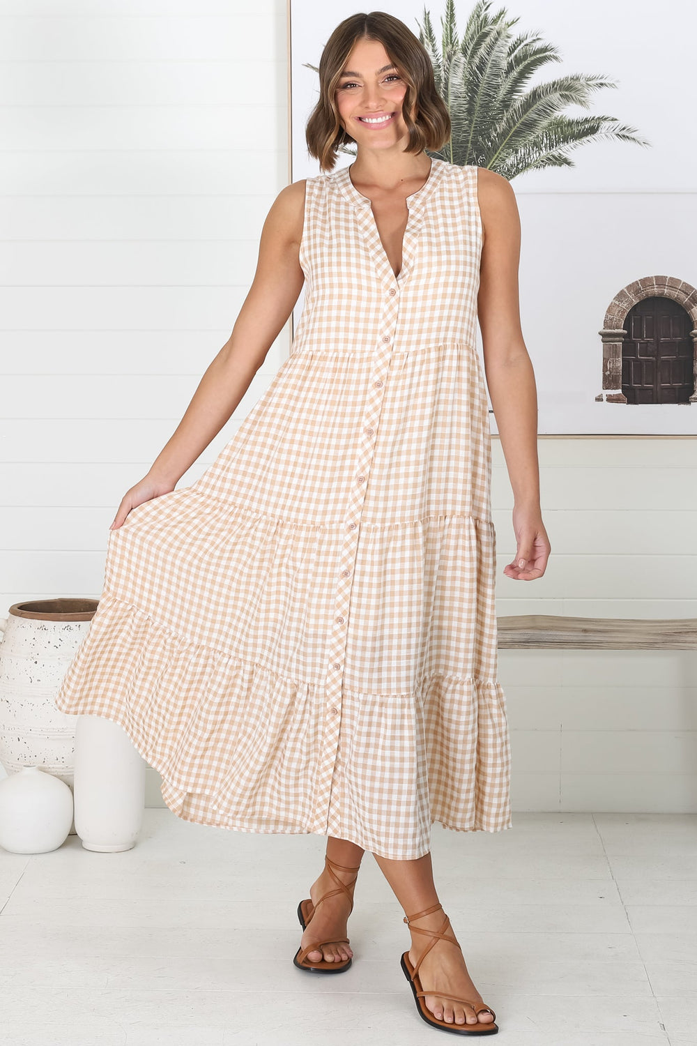 Acelle Midi Dress - Sleeveless Bermuda Collar Button Down Gingham Dress in Beige