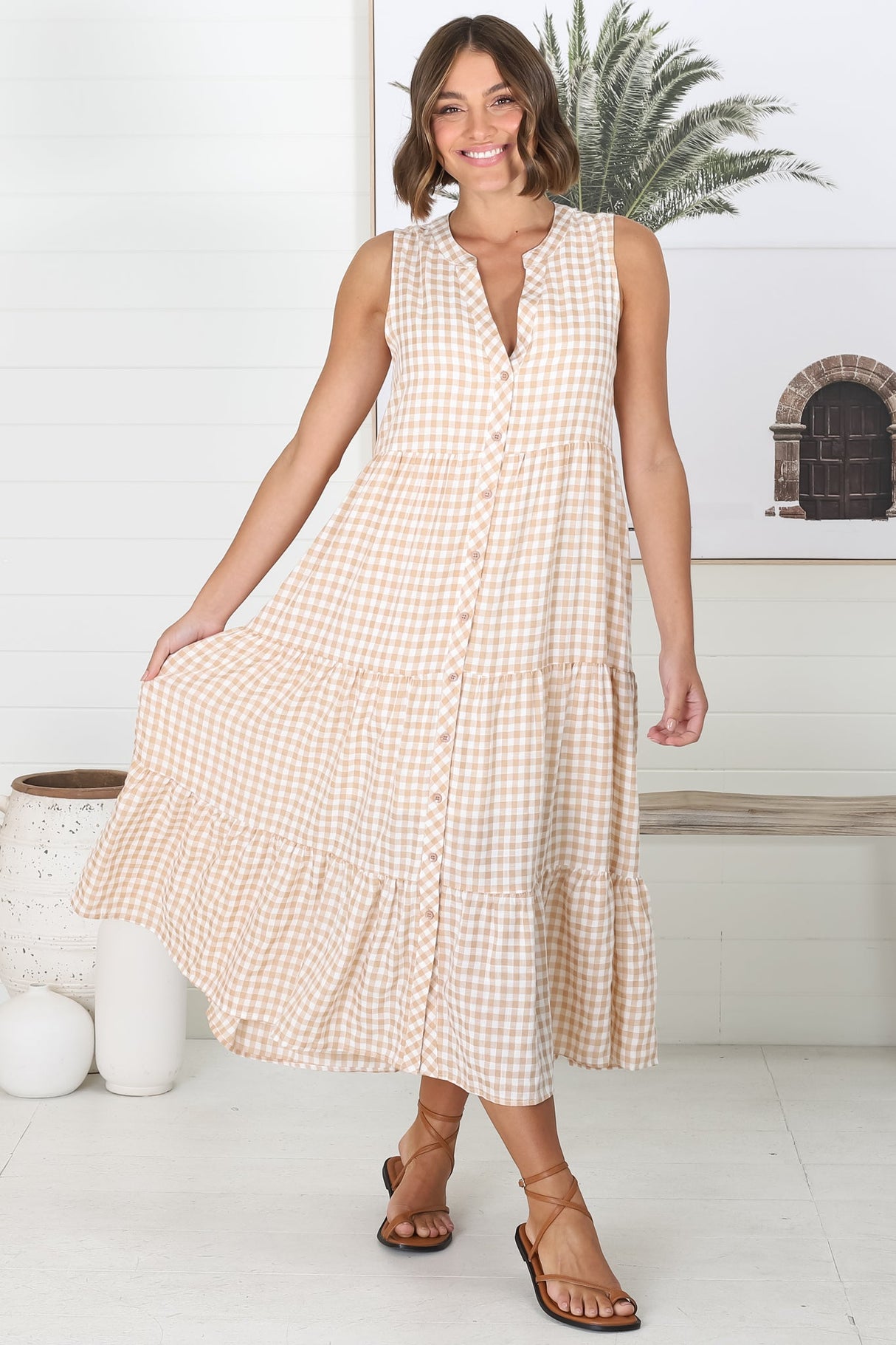 Acelle Midi Dress - Sleeveless Bermuda Collar Button Down Gingham Dress in Beige