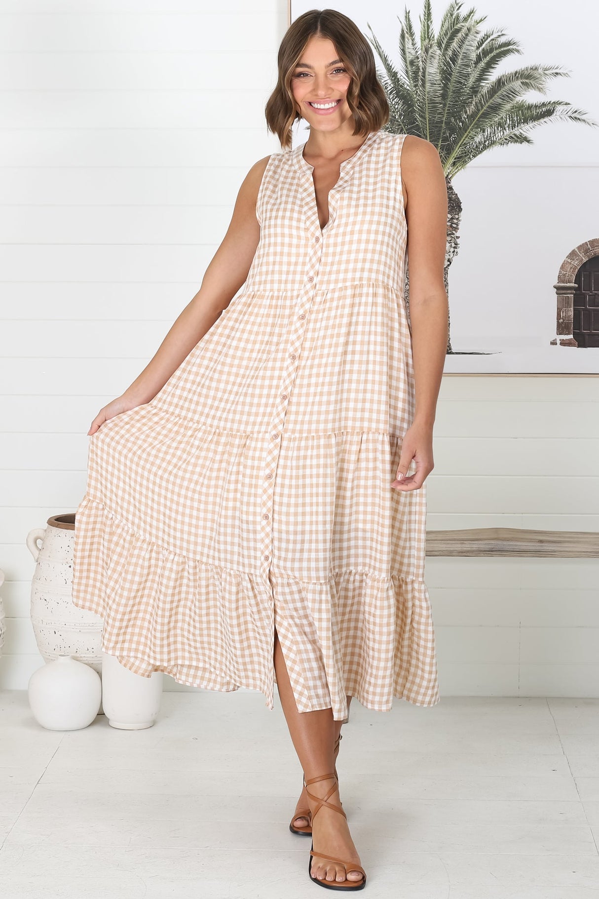 Acelle Midi Dress - Sleeveless Bermuda Collar Button Down Gingham Dress in Beige