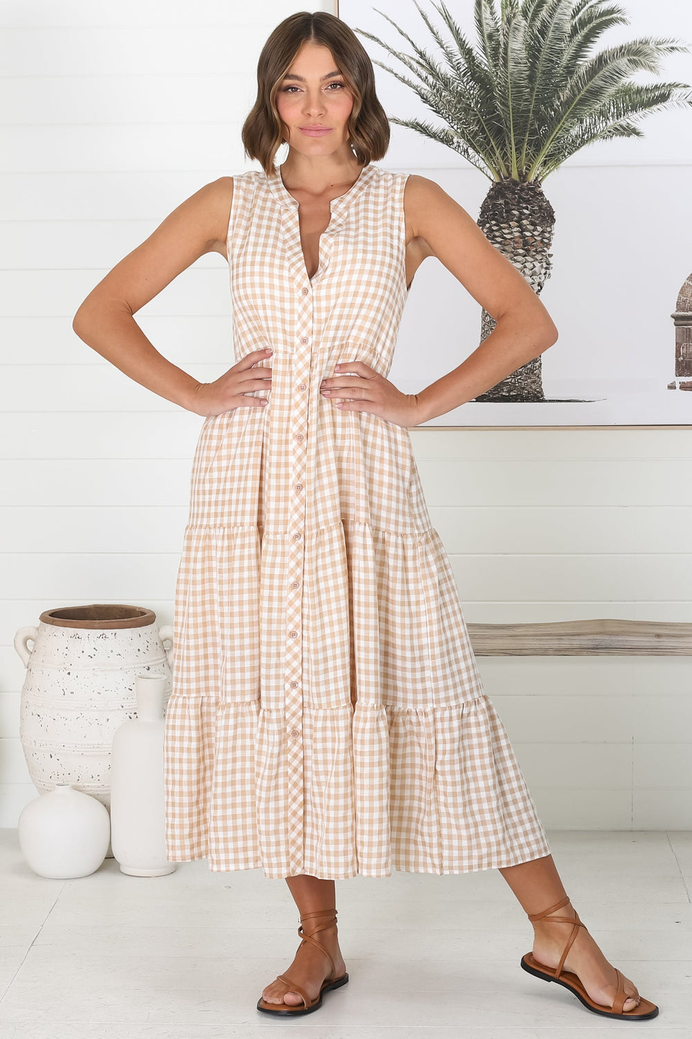Acelle Midi Dress - Sleeveless Bermuda Collar Button Down Gingham Dress in Beige