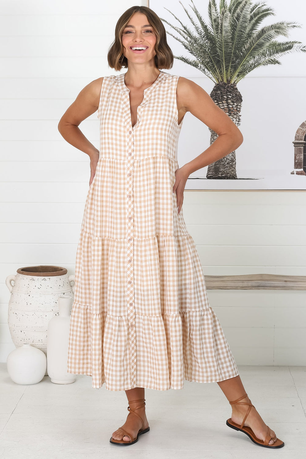 Acelle Midi Dress - Sleeveless Bermuda Collar Button Down Gingham Dress in Beige