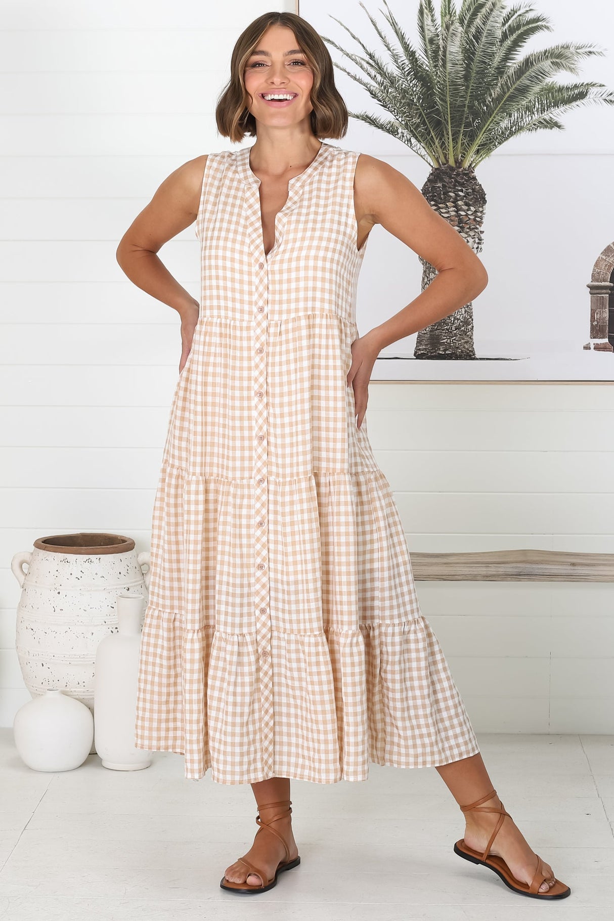Acelle Midi Dress - Sleeveless Bermuda Collar Button Down Gingham Dress in Beige