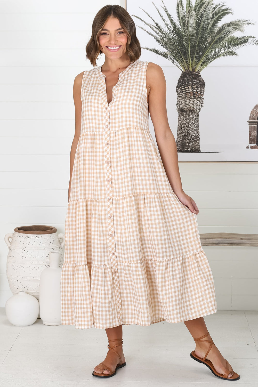 Acelle Midi Dress - Sleeveless Bermuda Collar Button Down Gingham Dress in Beige