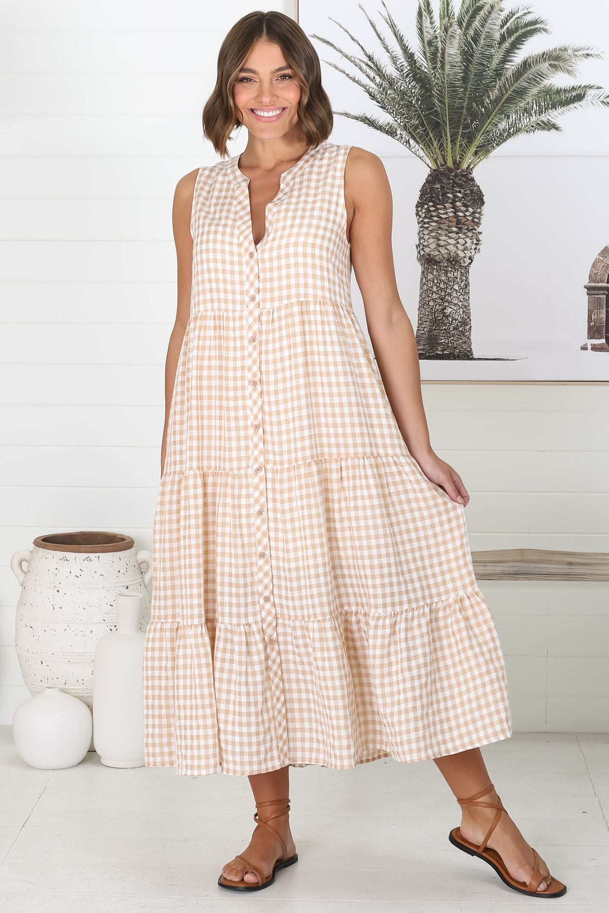 Acelle Midi Dress - Sleeveless Bermuda Collar Button Down Gingham Dress in Beige