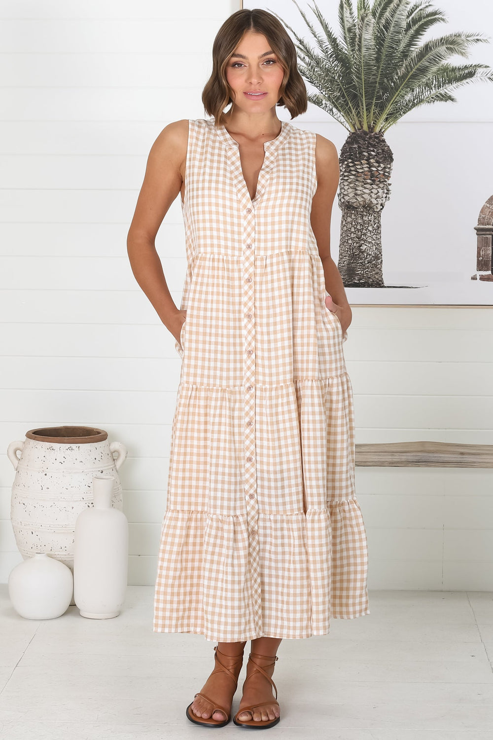 Acelle Midi Dress - Sleeveless Bermuda Collar Button Down Gingham Dress in Beige