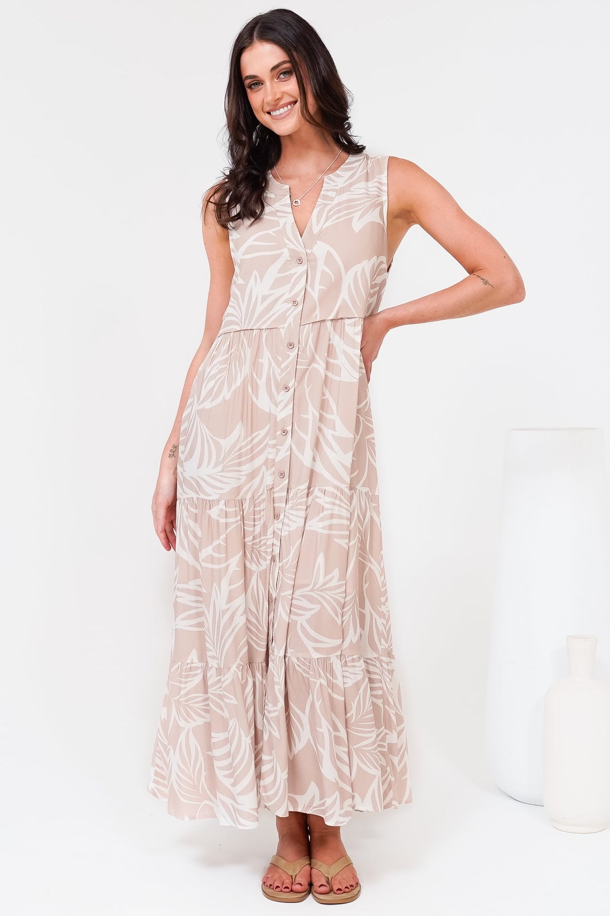 Acelle Midi Dress - Sleeveless Bermuda Collar Button Down Dress in Jeani Print Beige