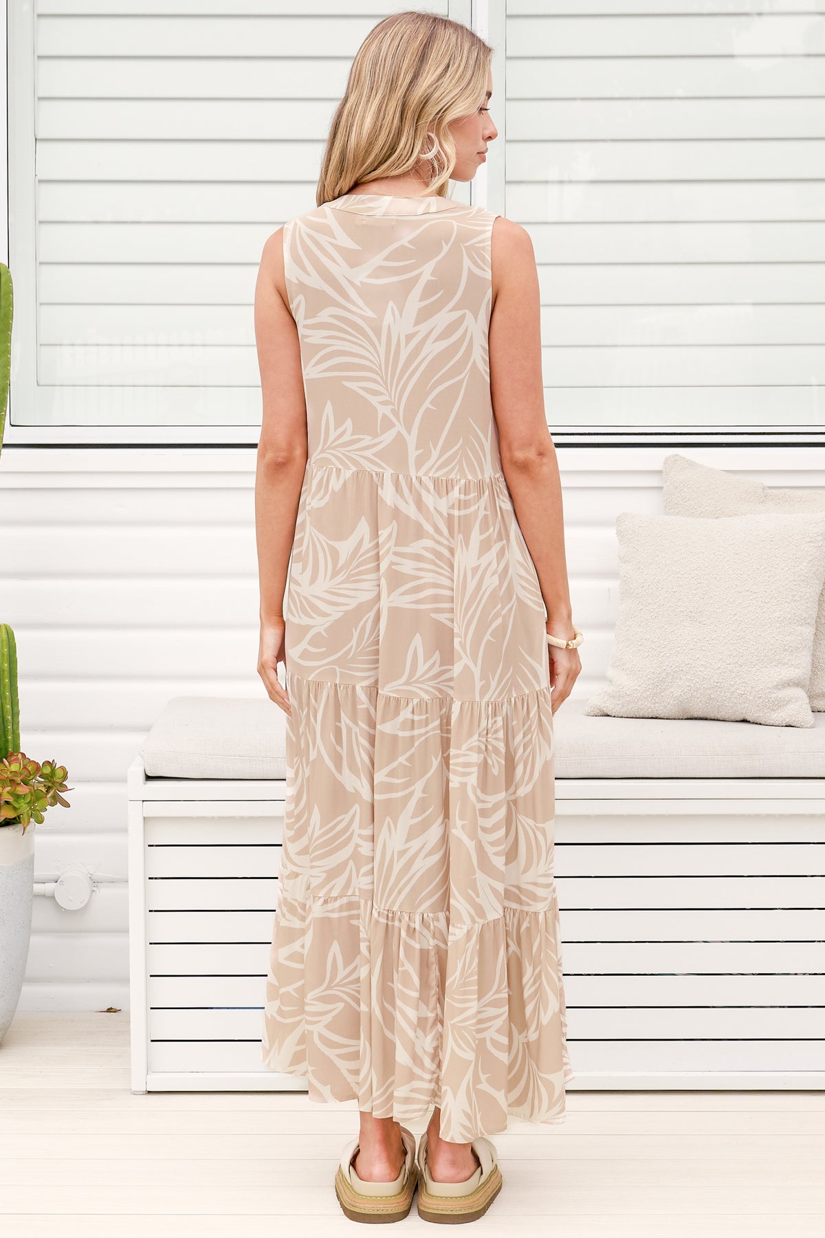 Model wearing Acelle Midi Dress in Jeani Print Beige from Salty Crush