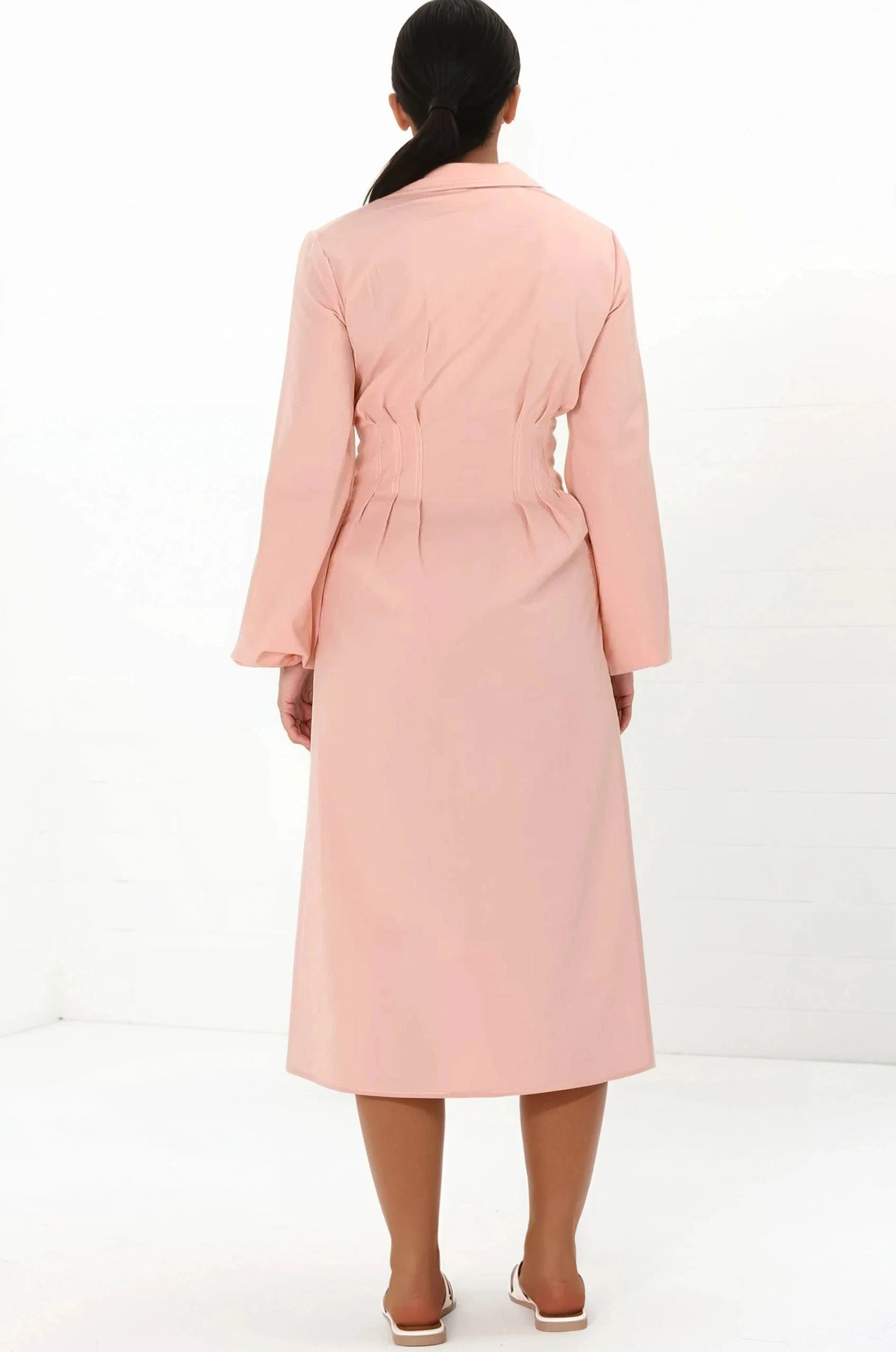 Adalyn Midi Dress - Collared A Line Dress with Cinched Waistline and Contrast Stitching in Pink