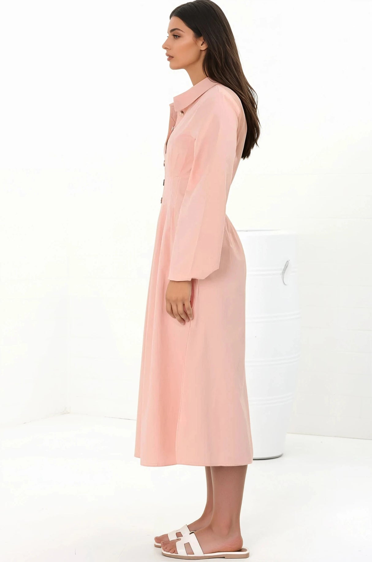 Adalyn Midi Dress - Collared A Line Dress with Cinched Waistline and Contrast Stitching in Pink
