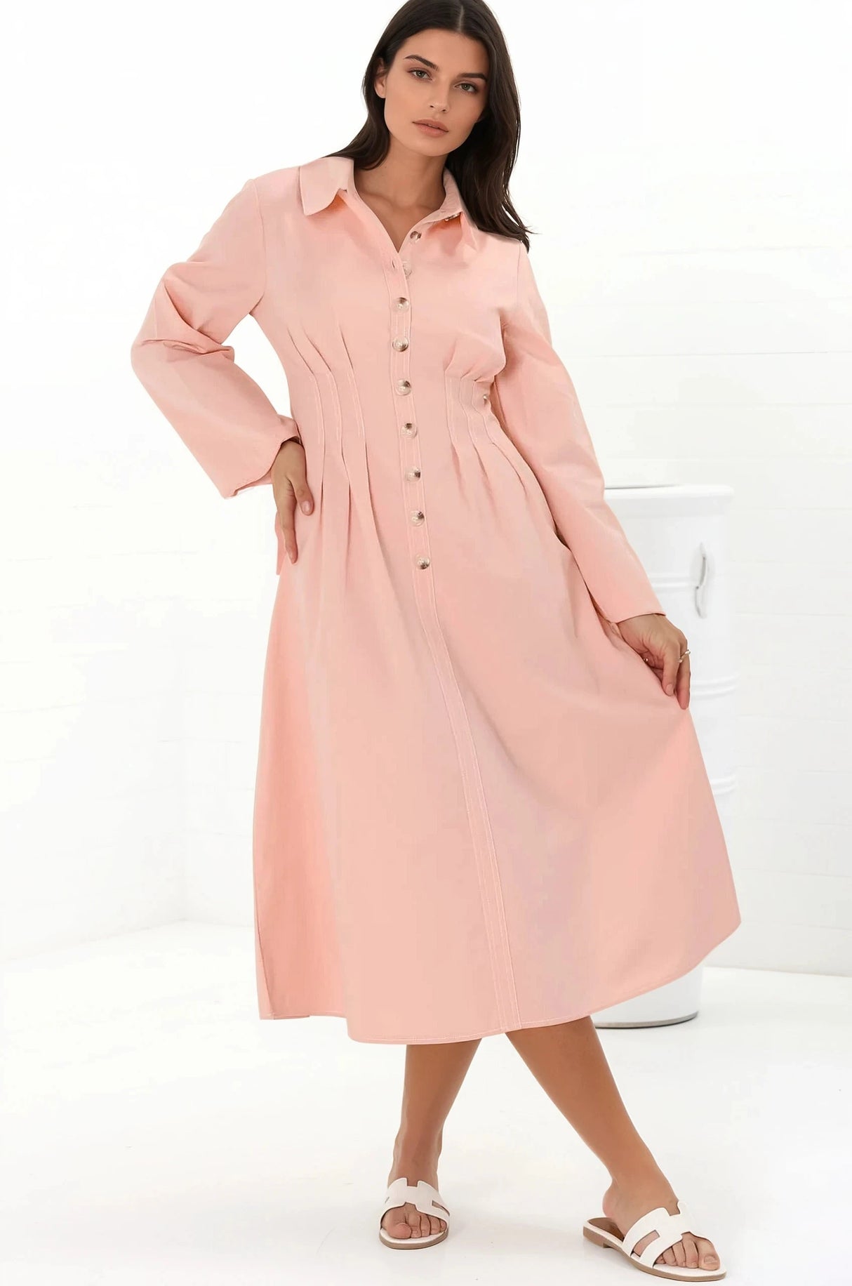 Adalyn Midi Dress - Collared A Line Dress with Cinched Waistline and Contrast Stitching in Pink