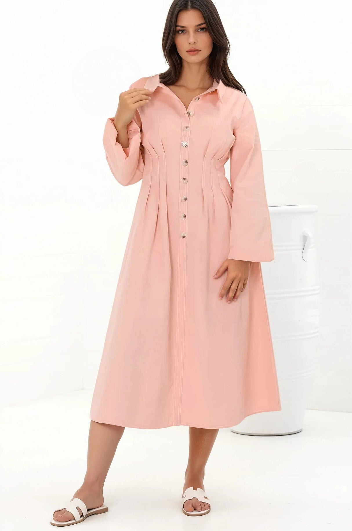 Adalyn Midi Dress - Collared A Line Dress with Cinched Waistline and Contrast Stitching in Pink