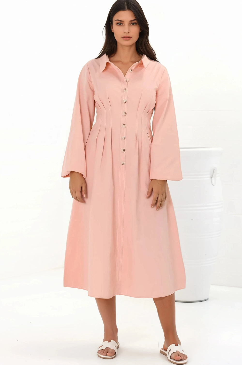 Adalyn Midi Dress - Collared A Line Dress with Cinched Waistline and Contrast Stitching in Pink